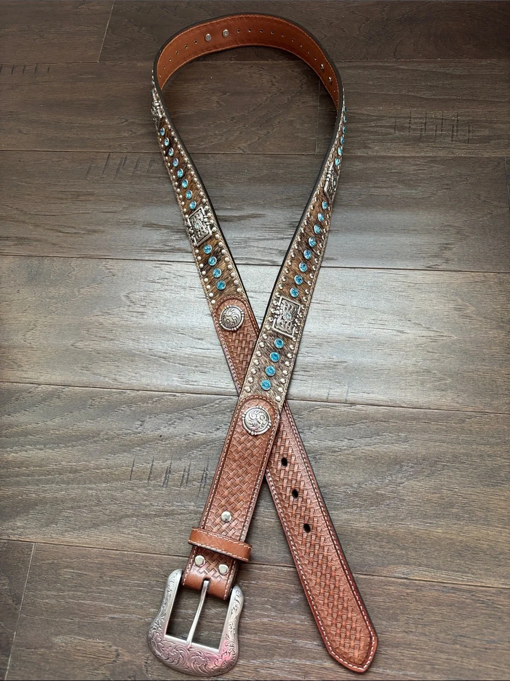 Nocona Genuine Tooled Leather,Hair on hide, Concho,blue stones,silvertone buckle
